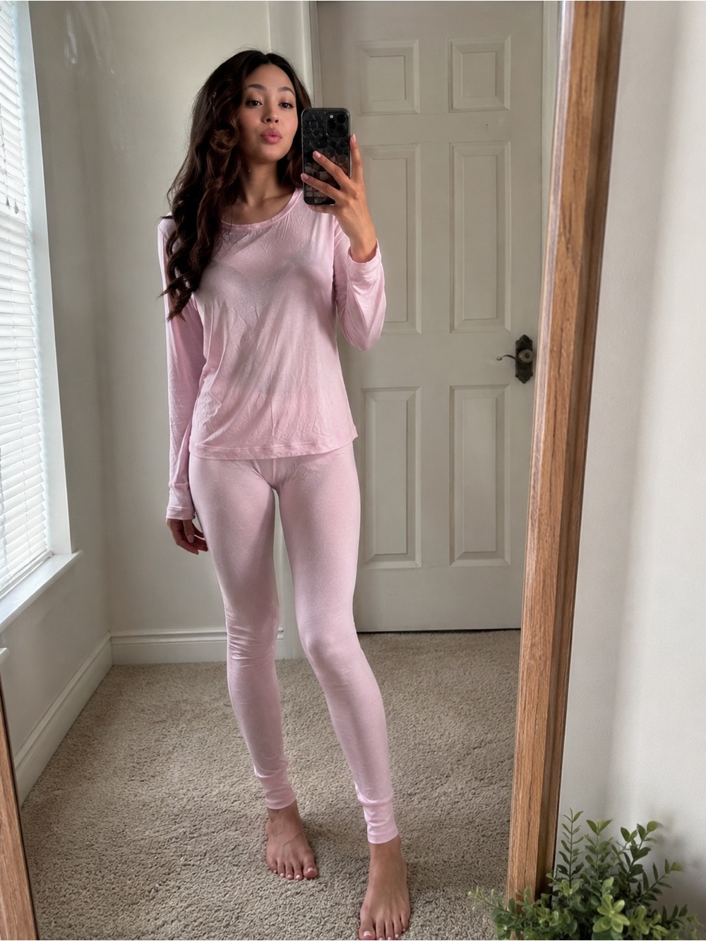 Women's Light Pink Long Sleeve Pajama Top & Legging Set